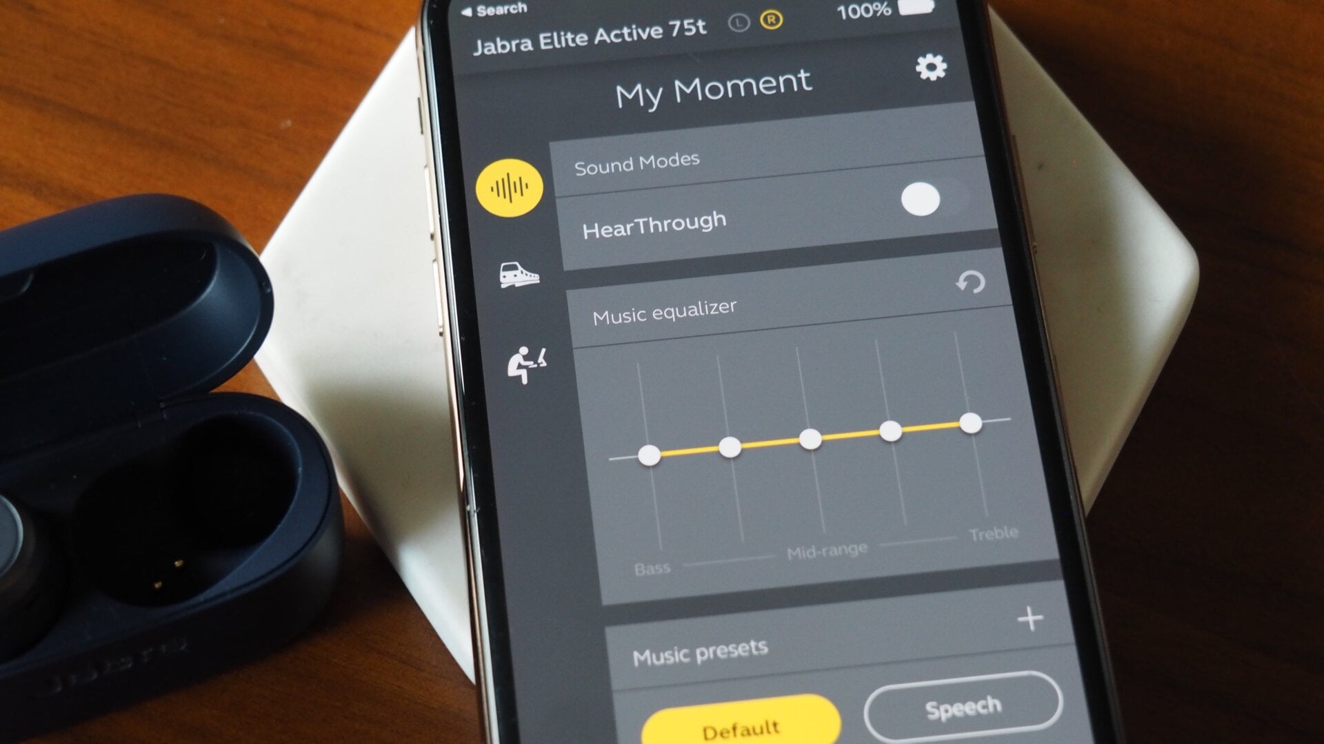 Jabra’s Sound+ app offers a customizable equalizer and a HearThrough feature to allow in ambient noise.