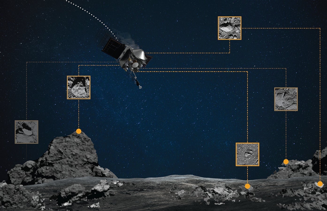 Conceptual image showing hazardous features on Bennu’s surface, which have been identified in advance of the scheduled landing. 