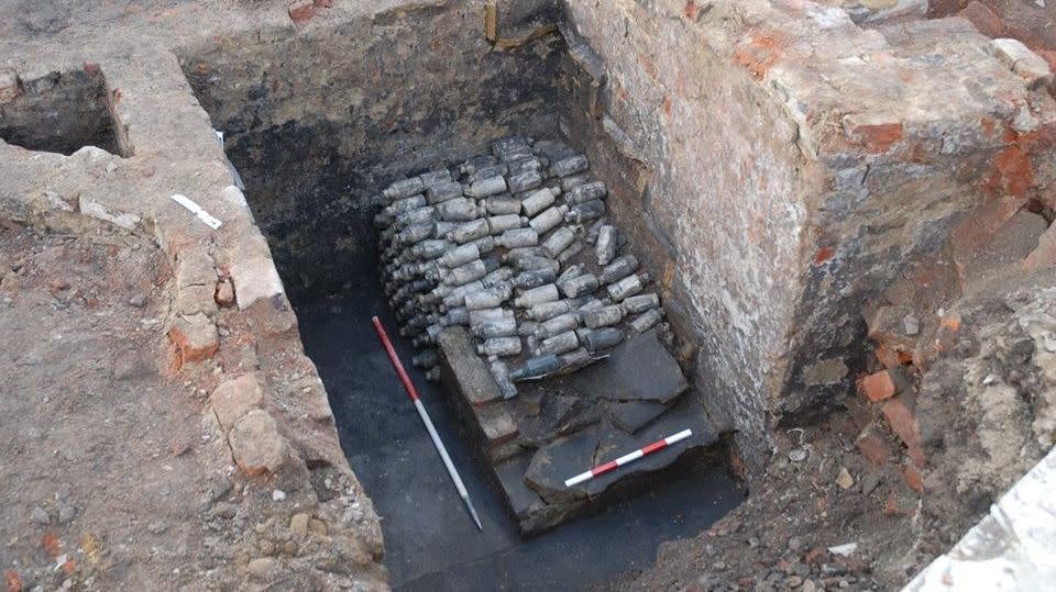 The bottles as they were discovered by archaeologists. 