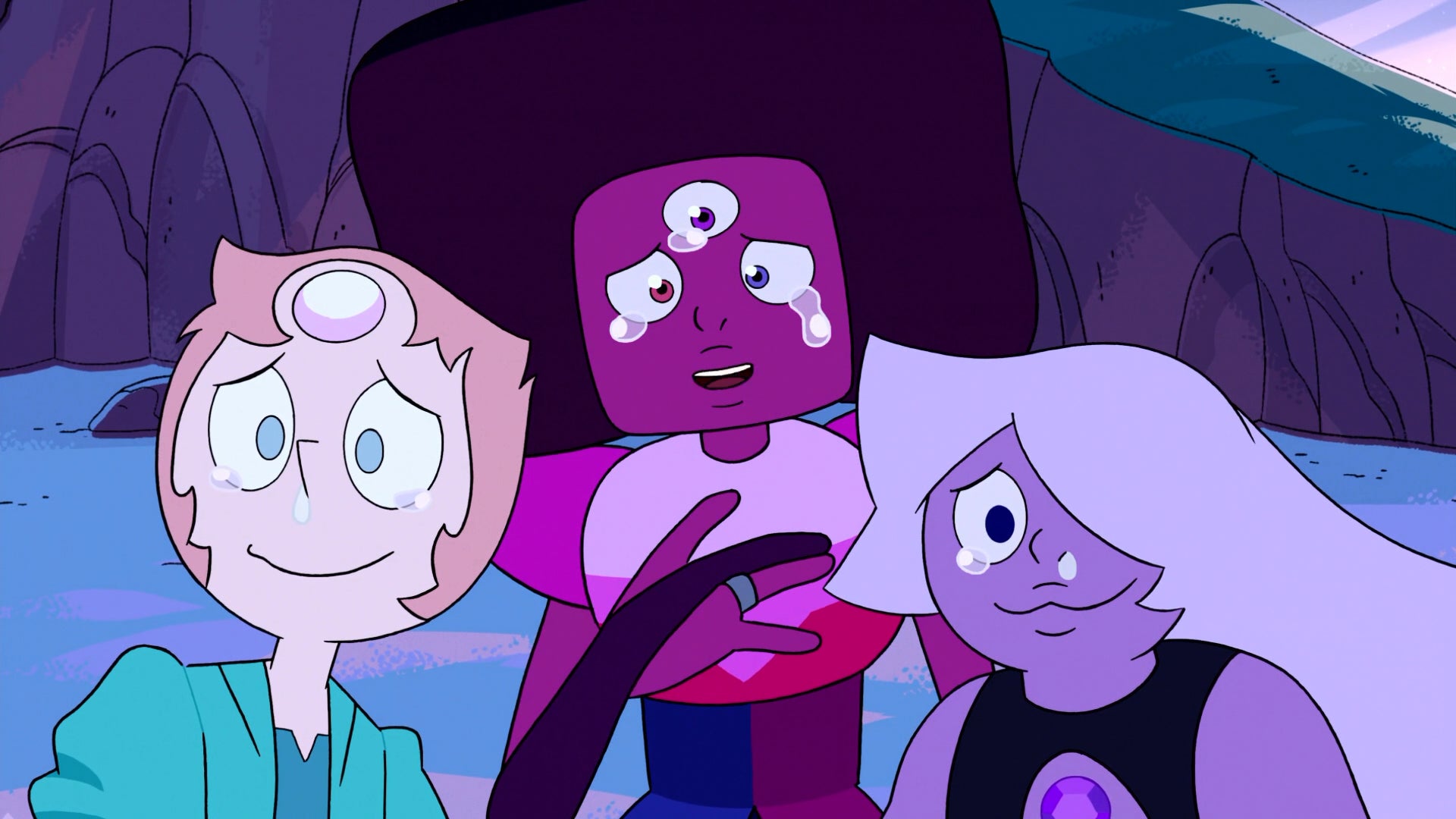 Pearl, Garnet, and Amethyst sending Steven on his way.