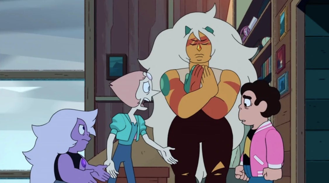 Jasper saluting her Diamond as Amethyst and Pearl lament at Steven’s frustration.