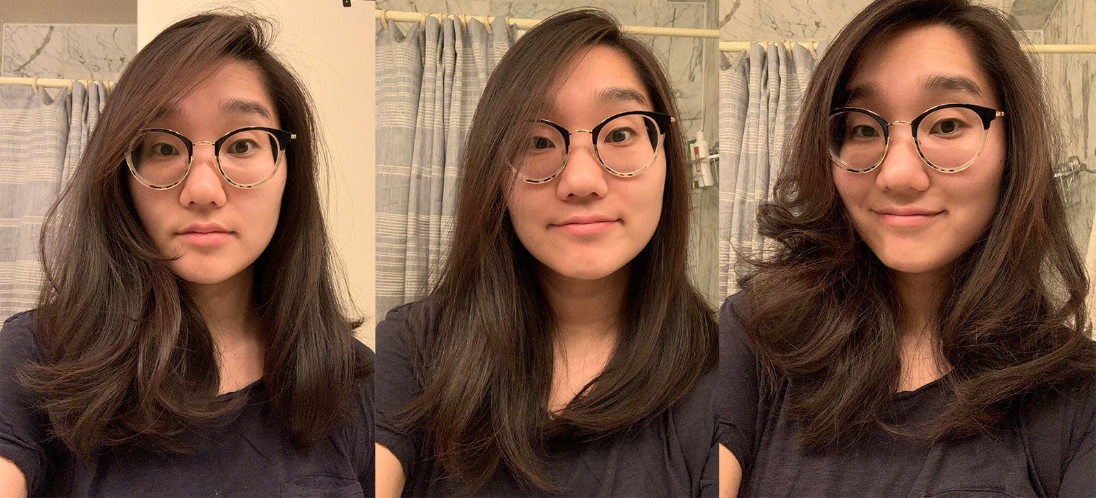 Left to right: not styled, straightened, curled. It took about 10 minutes to straighten, and 20 minutes to curl. But you can still see that my straightened hair, which took about 1-2 passes per section, are not pin-straight.