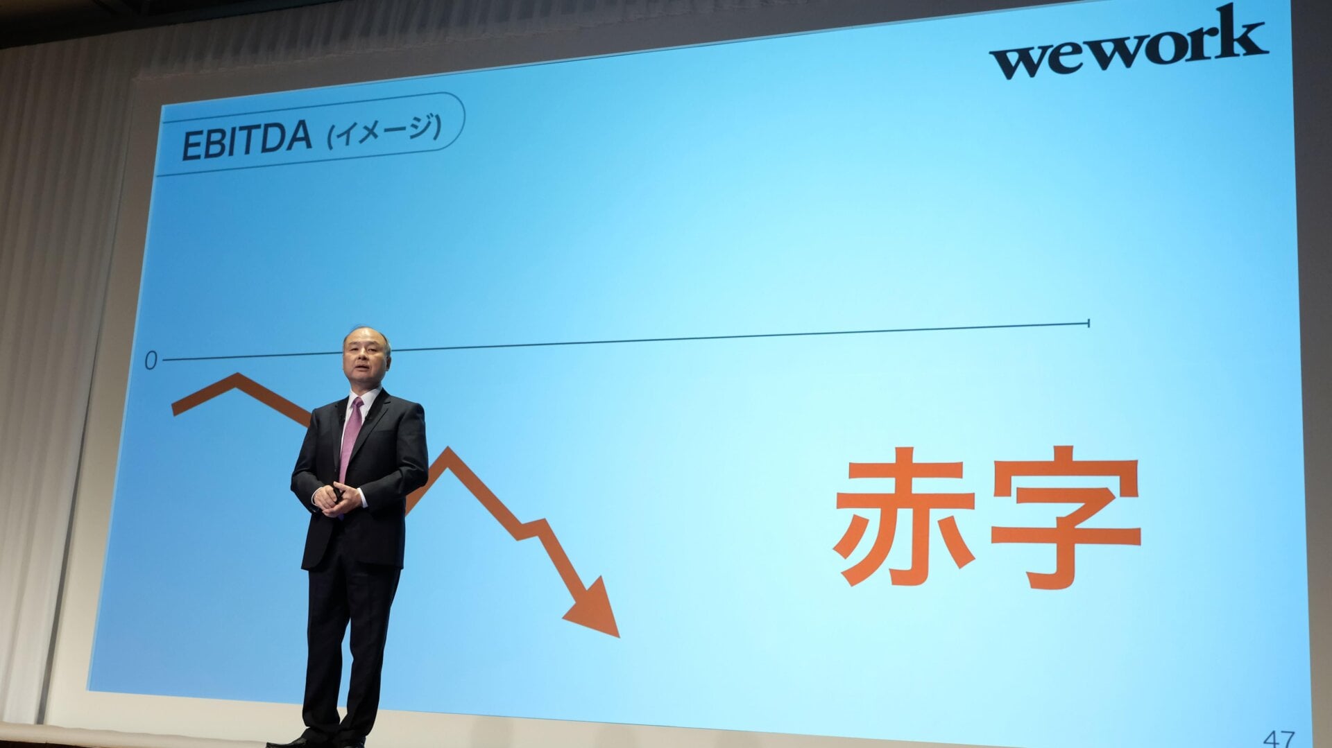 SoftBank Group CEO Masayoshi Son talking on WeWork’s financials, as represented here as a downward arrow with no data points, in November 2019.