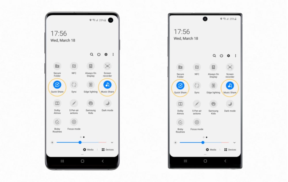 Quick Share and Music Share can be accessed quickly via icons in the phone’s quick settings menu.