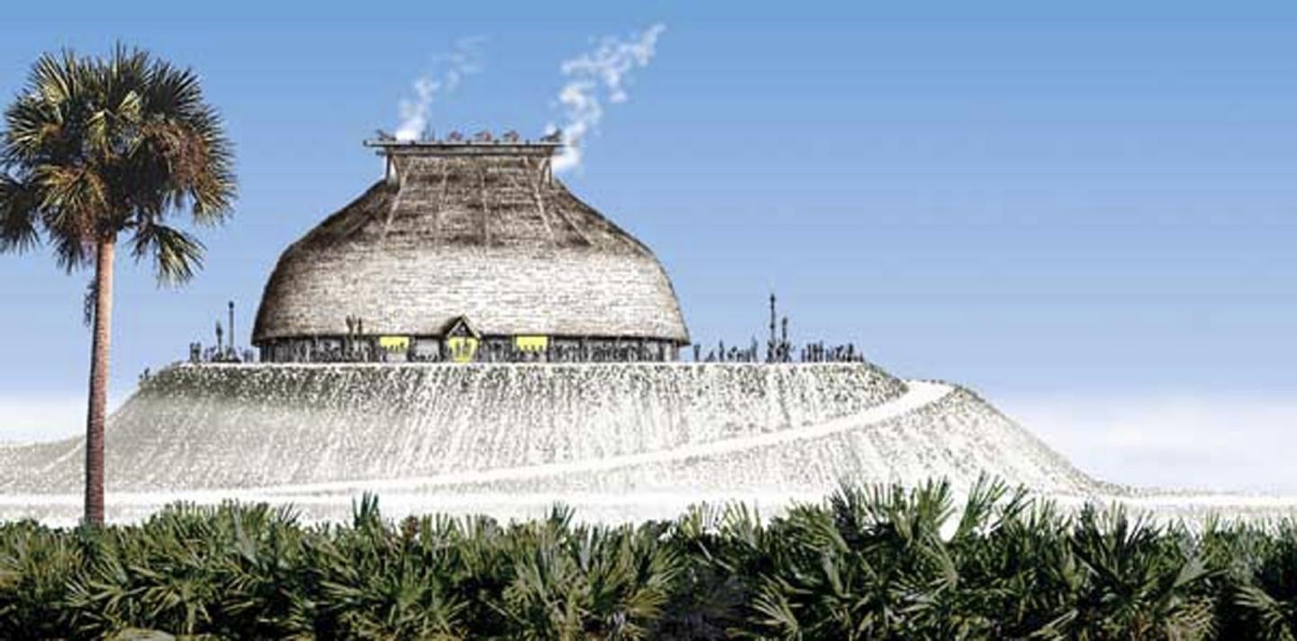 Artist’s impression of the “house,” a large structure that served as the political seat of the Calusa kingdom in the 16th century. 