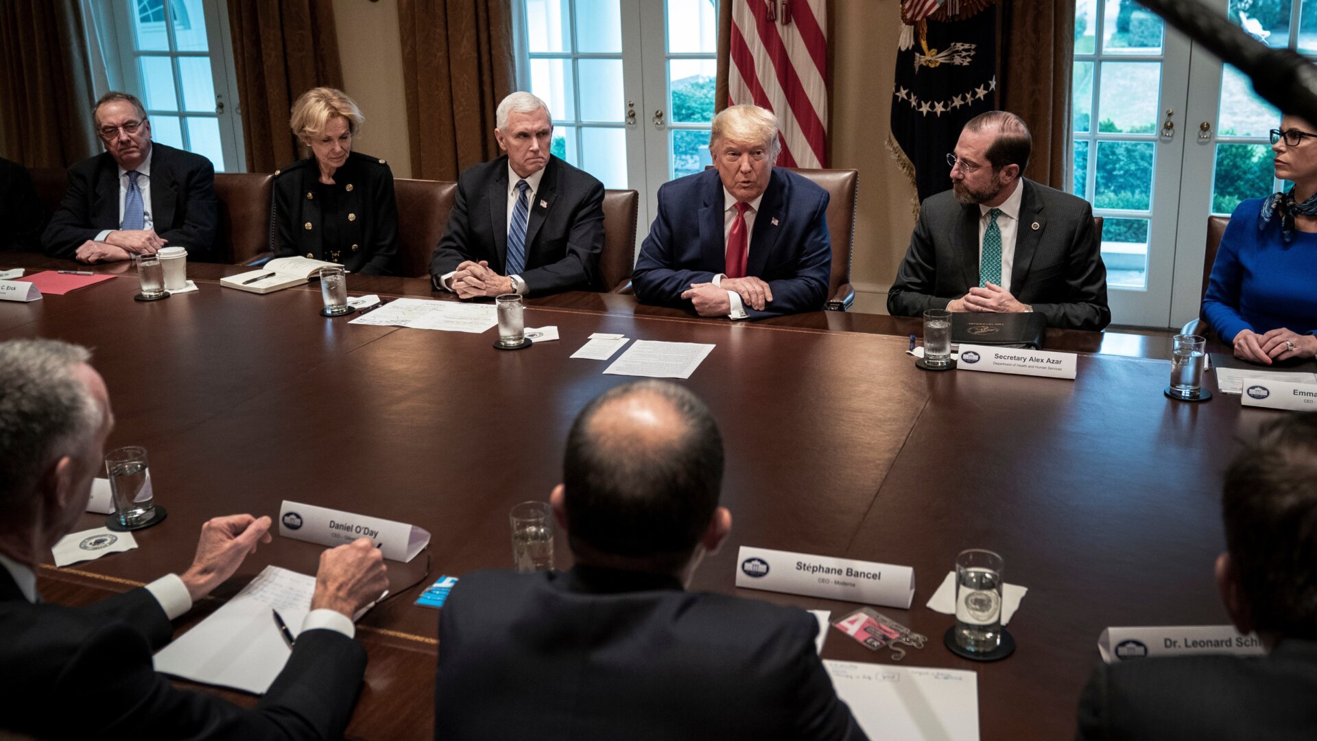 U.S. President Donald Trump leads a meeting with the White House Coronavirus Task Force and pharmaceutical executives in Cabinet Room of the White House on March 2, 2020 in Washington, DC.