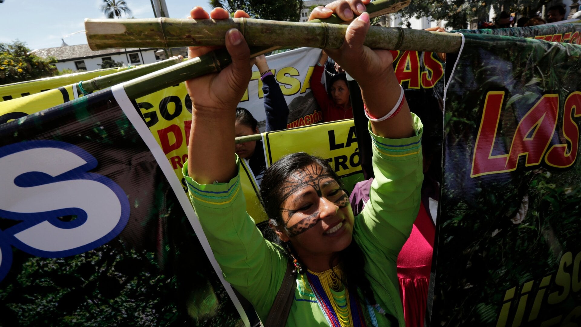 Indigenous women from the Amazon protest environmental policies in Quito, Ecuador in March 2018