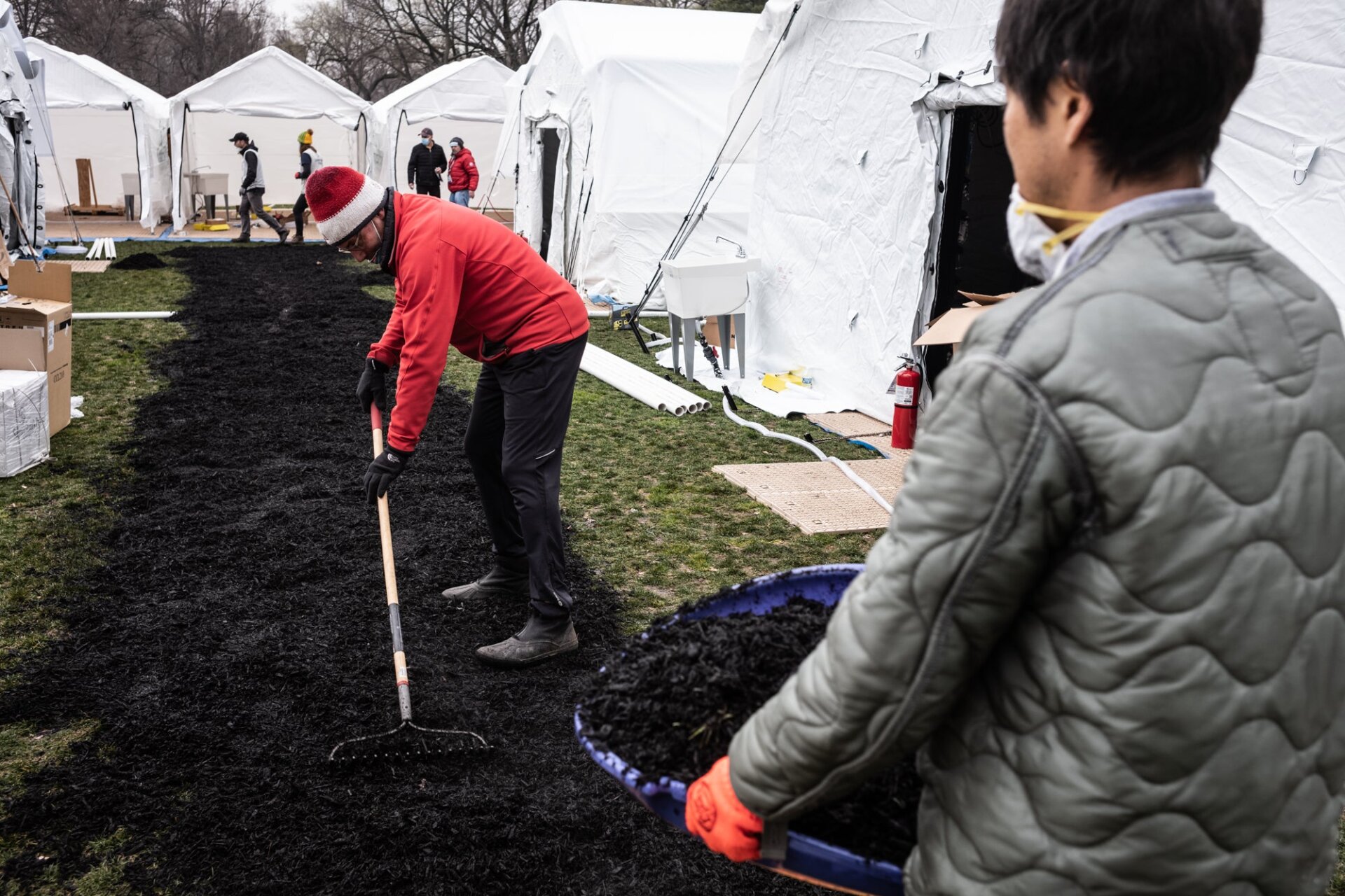 Volunteers work inside the emergency field hospital set up by Samaritan’s Purse in Central Park, New York.