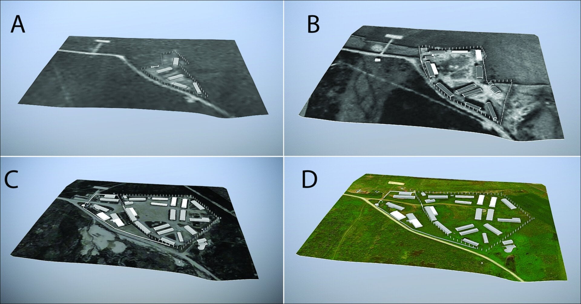 3D reconstructions of Sylt as it appeared in 1942 (A), 1943 (B), 1944 (C), and its 1944 instantiation overlaid on the current landscape (D).