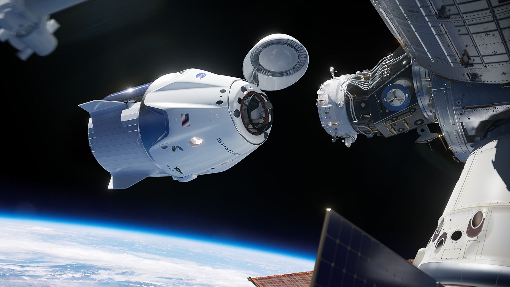 Conceptual image of SpaceX crew dragon docking with the International Space Station. The mission is part of NASA’s Commercial Crew program, which will restore the space agency’s ability to launch astronauts to space from U.S. soil.