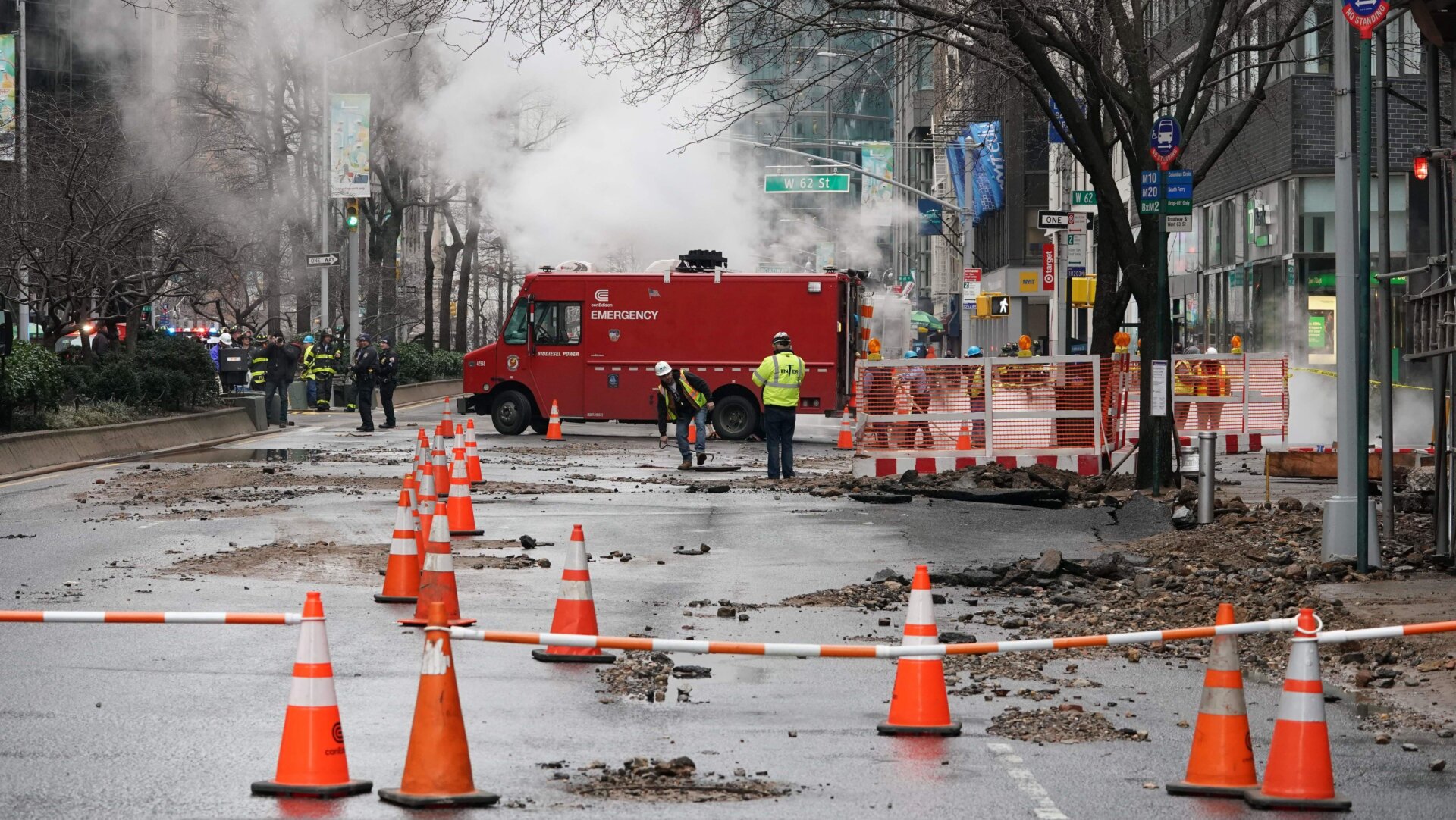 Emergency workers in New York City after a water main break flooded streets  on January 13, 2020.