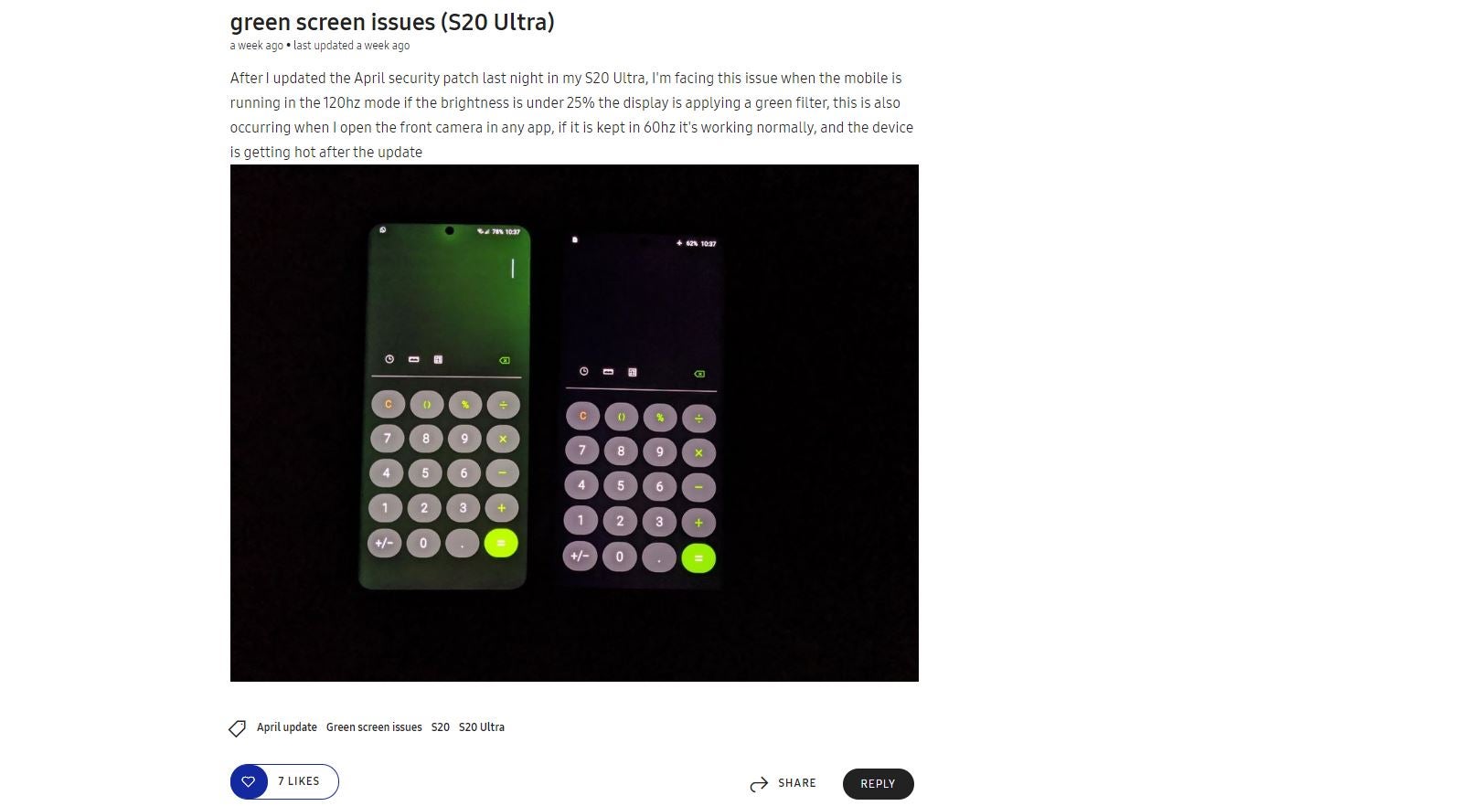 Here is one complaint showing what the Exynos S20 Ultra’s green-tinted screen looks like.