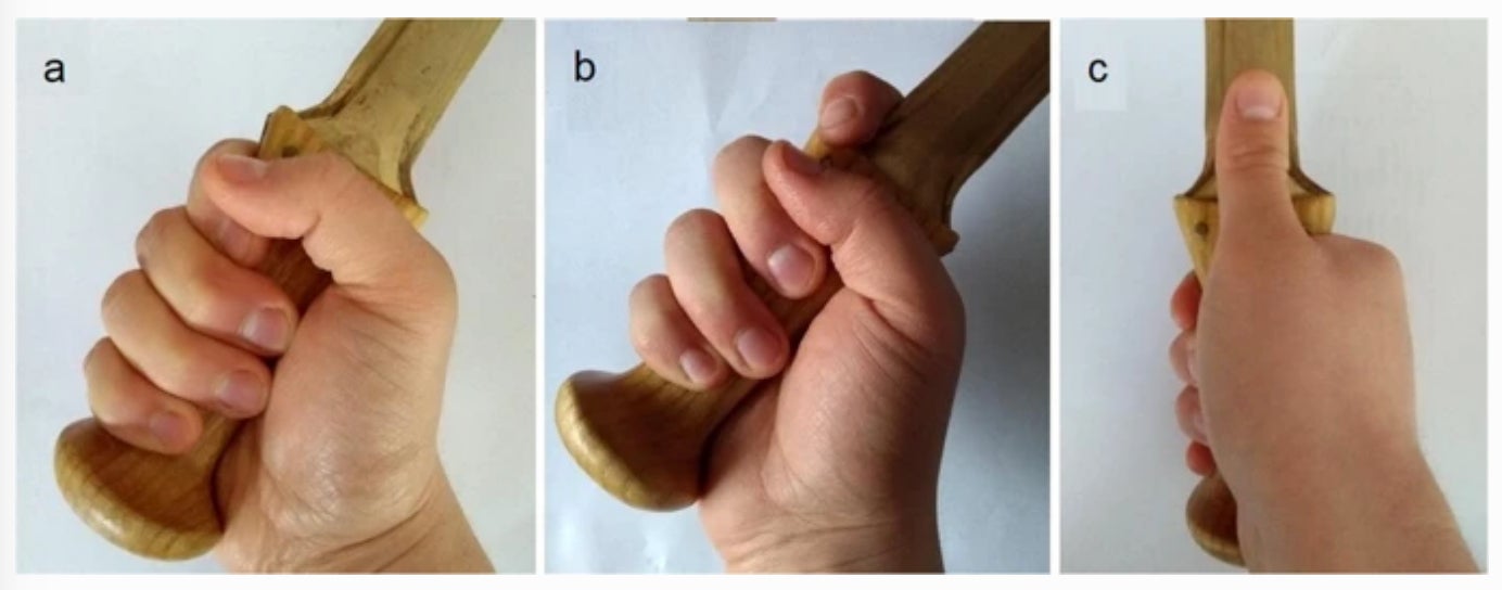 How to hold a Bronze Age sword: (a) hammer grip, (b) sabre grip, (c) thumb grip. 