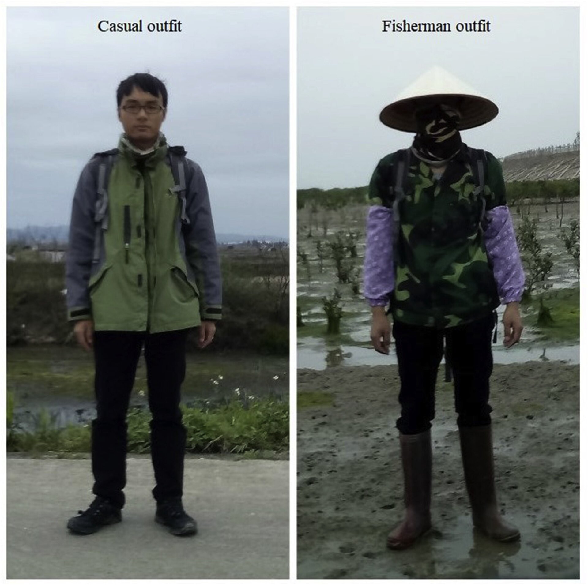 Outfits used to represent a casual person (left) and a local fisher (right). The two photos both show Changzhang Feng, the lead researcher on this study.