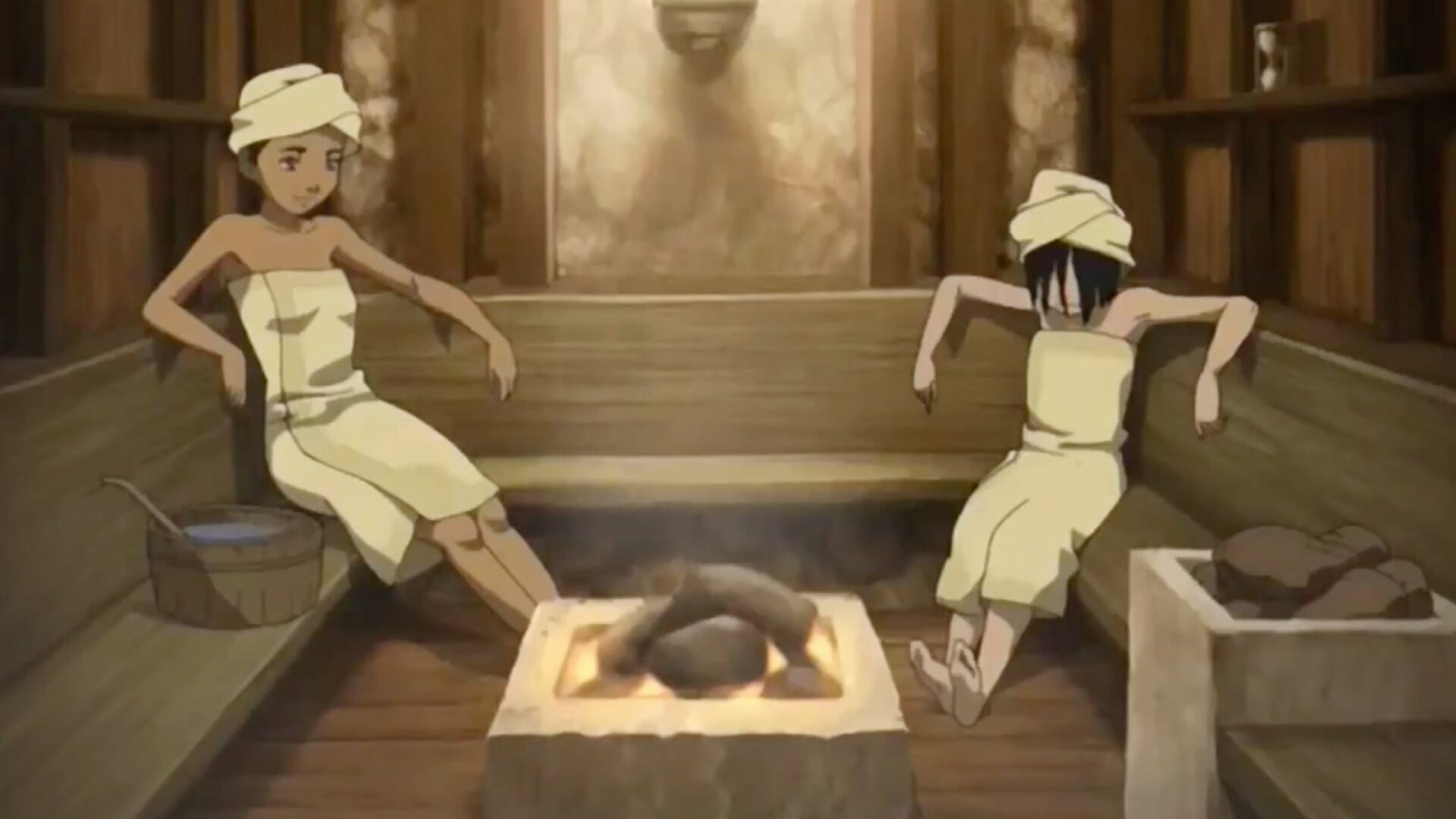 Toph and Katara use their bending powers to give themselves a nice steam.
