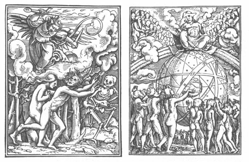 Two woodcuts from Hans Holbein’s Dance of Death. On the left, Adam and Eve are cast out from Eden. On the right is the Last Judgment.