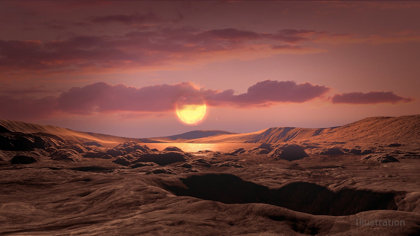 Artist’s depiction of the surface of Kepler-1649c, with its red dwarf star looming over the horizon.