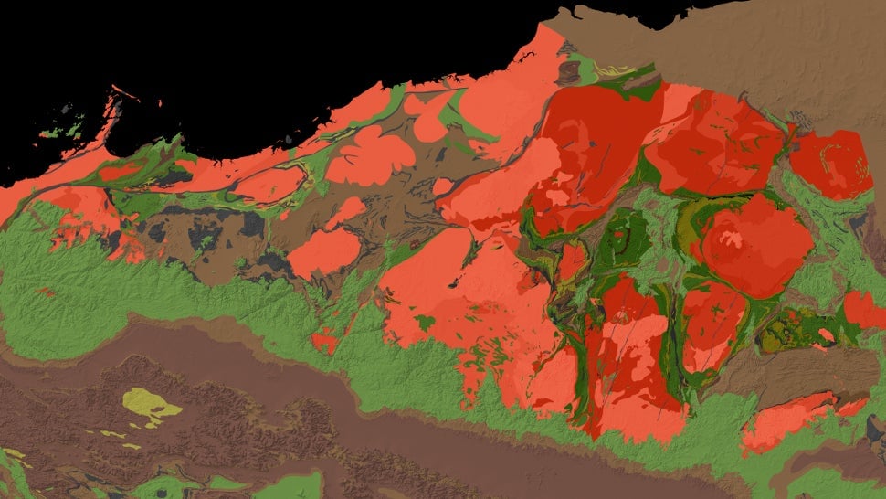 A geologic map of the Pilbara Craton in Western Australia, showing rocks between 2.5 to 3.5 billion years old. Areas in green show basaltic rock dated to 3.2 billion years ago. For scale, the entire image is over 420 kilometers (260 miles) wide. 