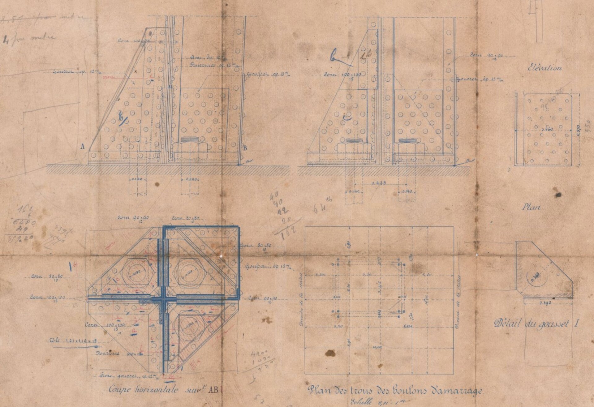 Detailed drawings showing how the support structure was to be attached to its concrete pedestal.