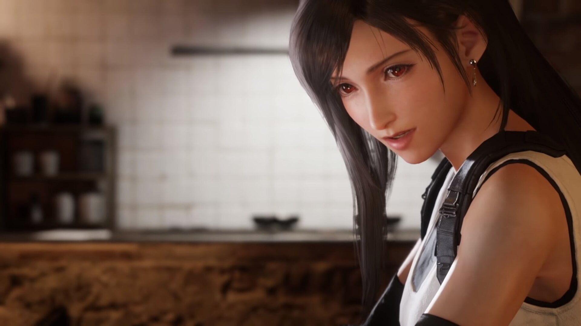 Tifa takes a moment in Seventh Heaven.