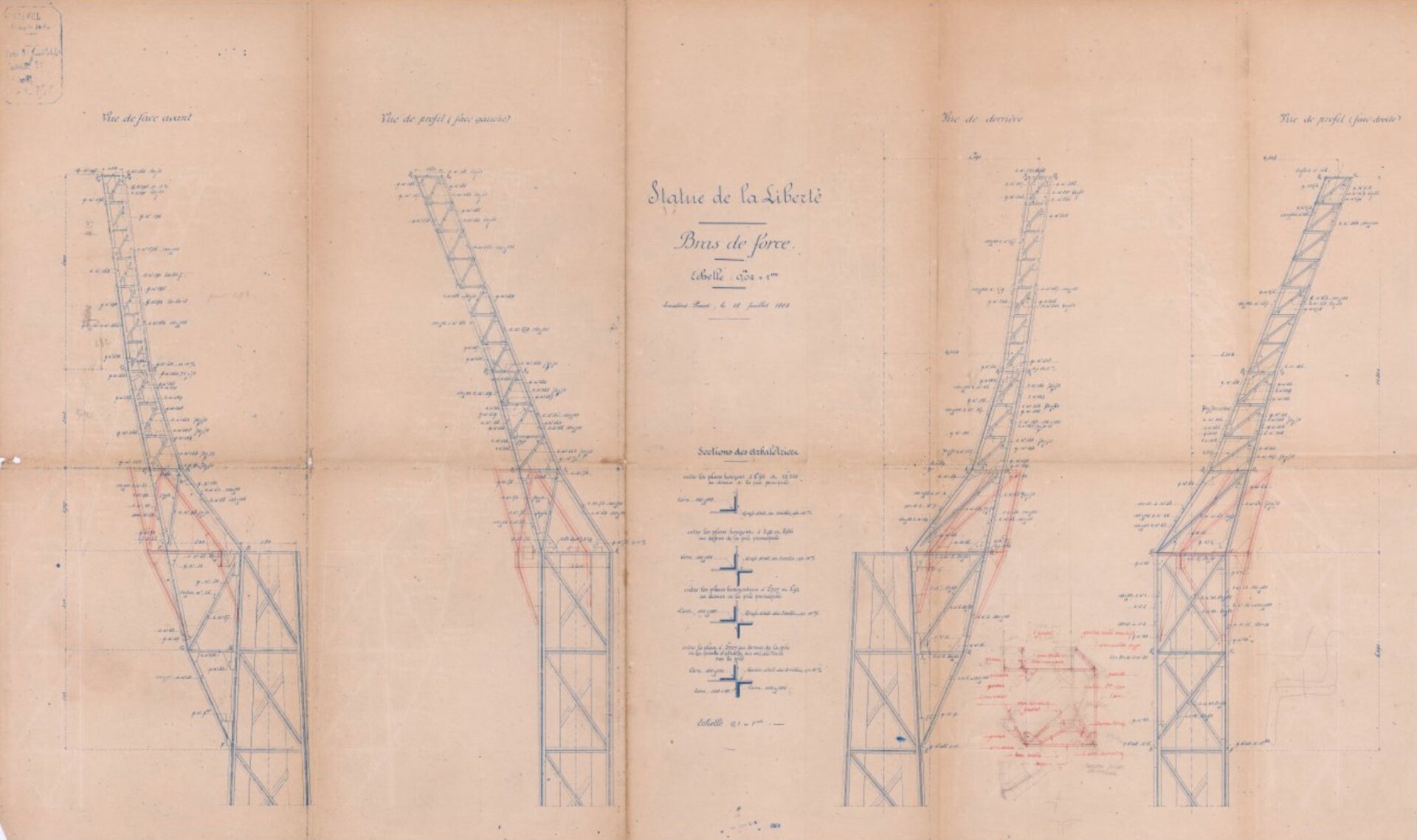 Blueprints showing various angles of the support scaffolding for the statue’s arm, with Eiffel’s original plans in blue, and Bartholdi’s adjustments shown in red. 
