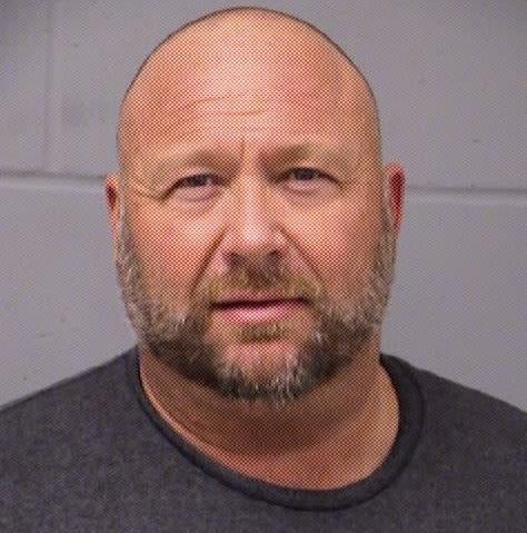 A booking photo of Alex Jones after his arrest on DWI charges (driving while intoxicated) on March 10, 2020 in Travis County, Texas. Jones was deemed intoxicated even though his blood alcohol level was below the legal limit. 