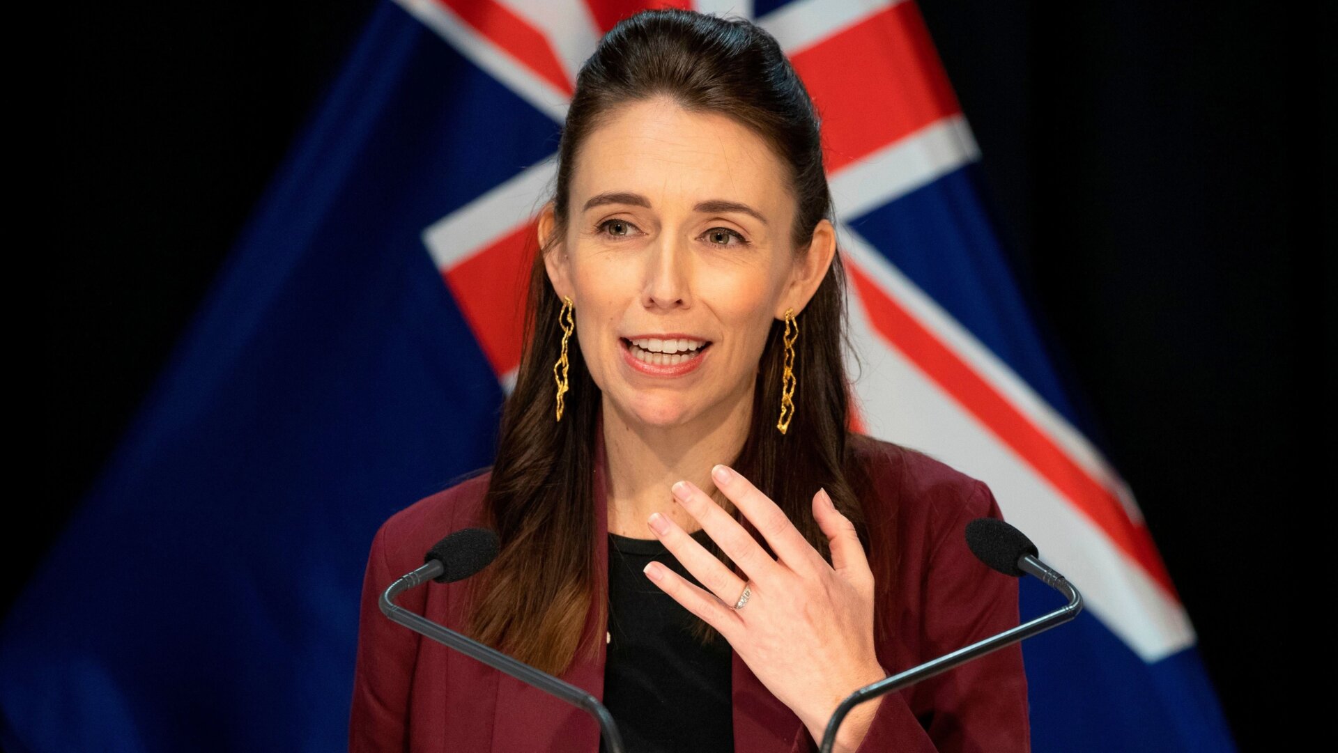 New Zealand’s Prime Minister Jacinda Ardern briefs the media about the COVIS-19 coronavirus at the Parliament House in Wellington on April 27, 2020.