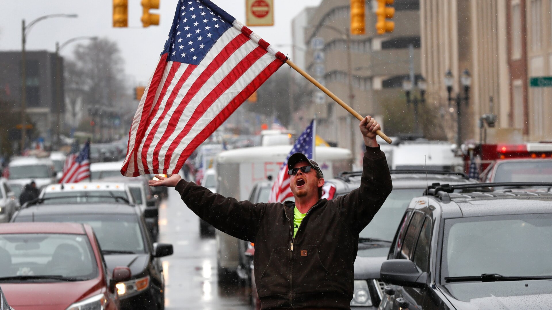 A man disrupting traffic at a protest in Michigan on April 15.