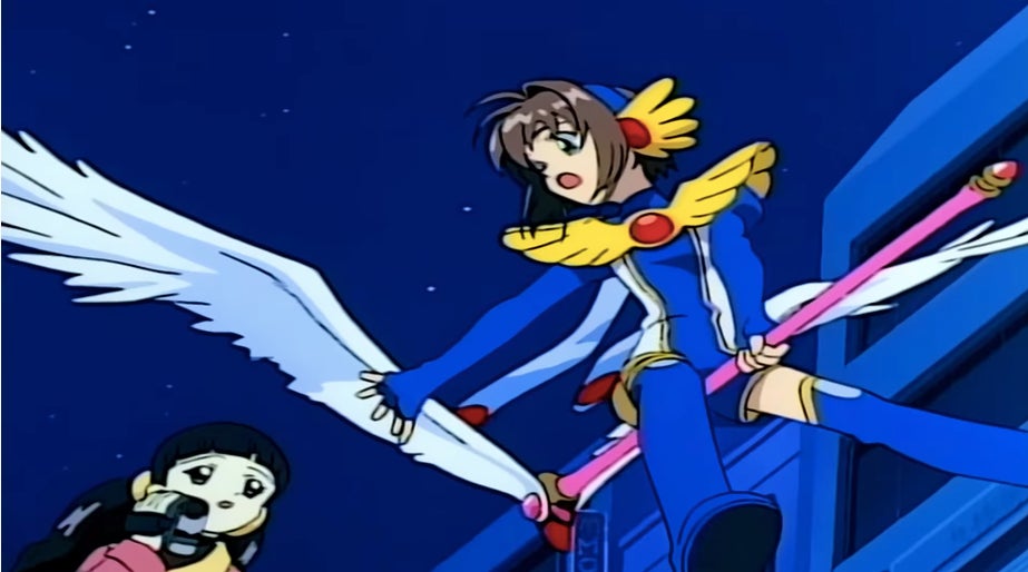 Tomoyo trying to keep up with Sakura as she uses the Fly card.