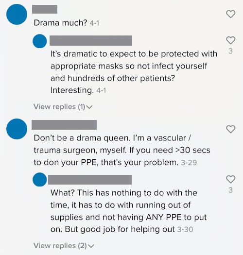 Image: Comments on a post by @Nicky.mamaMD, a self-identified physician in scrubs holding up posters explaining the importance of PPE