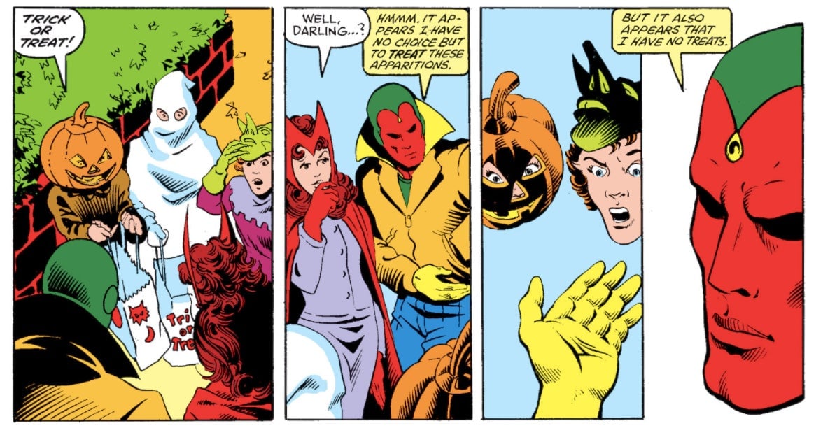 Wanda and Vision going for a stroll in New Jersey during Halloween.