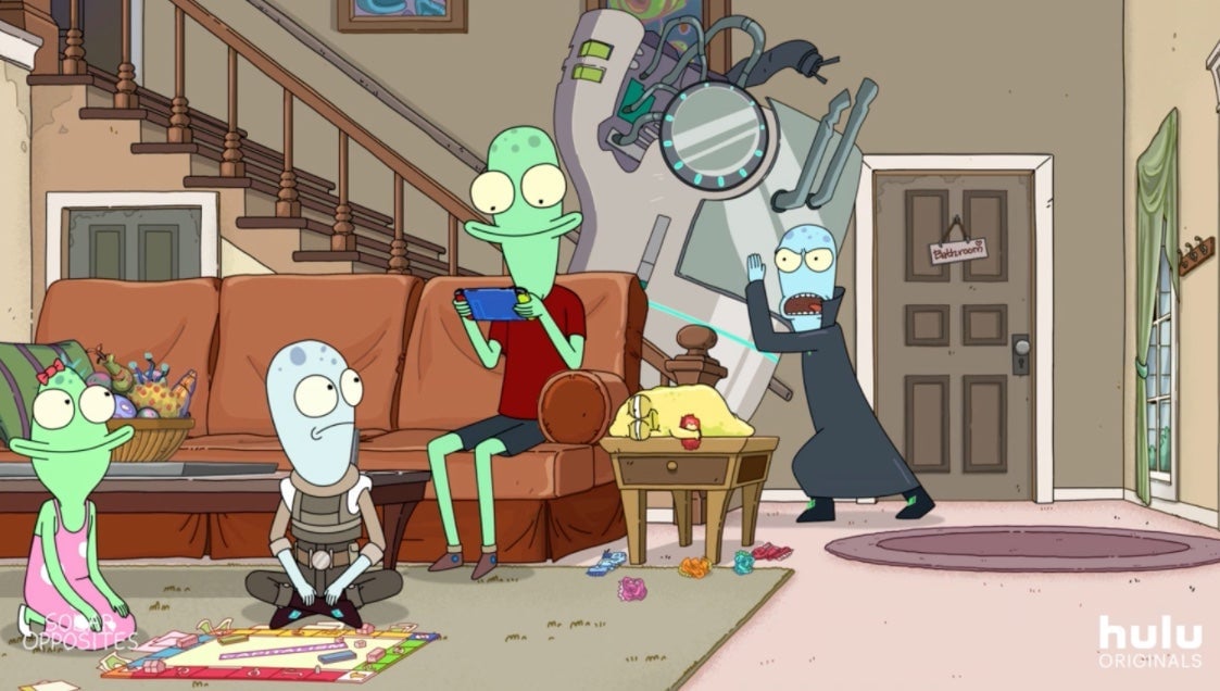 A scene from Solar Opposites. Tag yourself, I’m the blob on the end table.