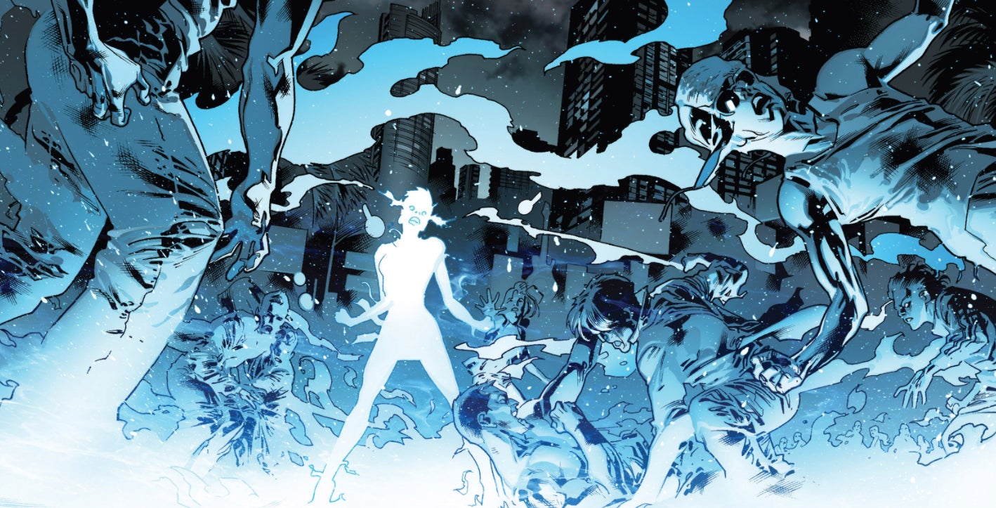 Eva freezing everything within her time bubble.