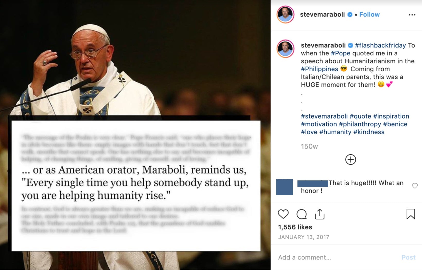 A post on Steve Maraboli’s Instagram page which features a press release that has been digitally altered to appear that the Pope had quoted Maraboli. The original Vatican press release does not feature Maraboli’s quote.