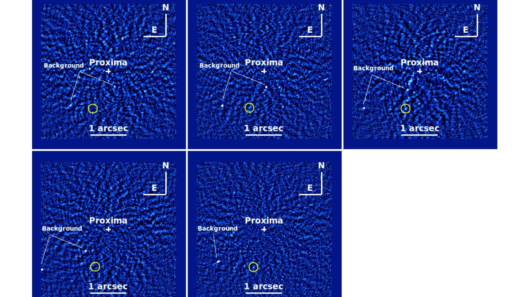 Signal-to-noise maps showing candidate exoplanets circled in yellow