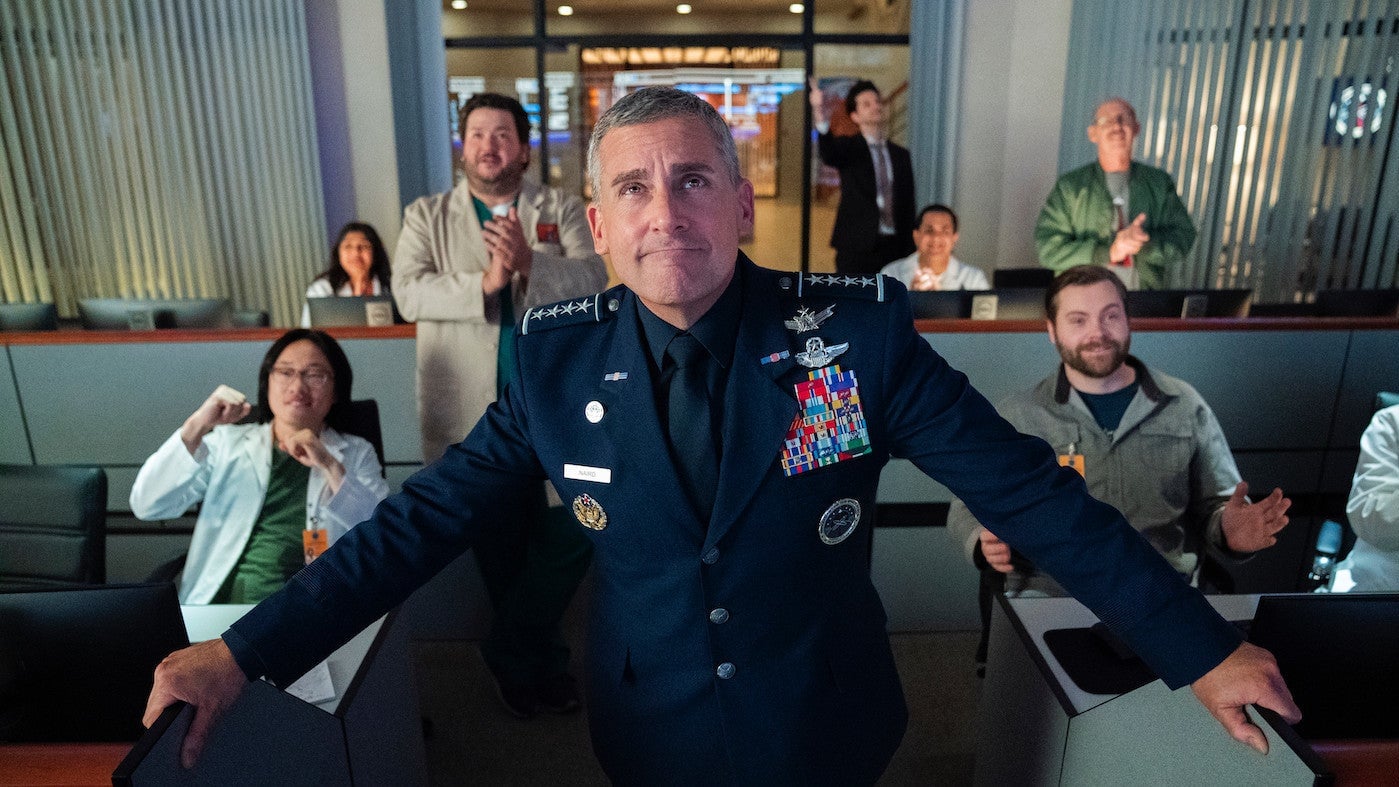 General Mark Naird (Steve Carrell) supervises a mission in a scene from Space Force. All photos: Netflix.