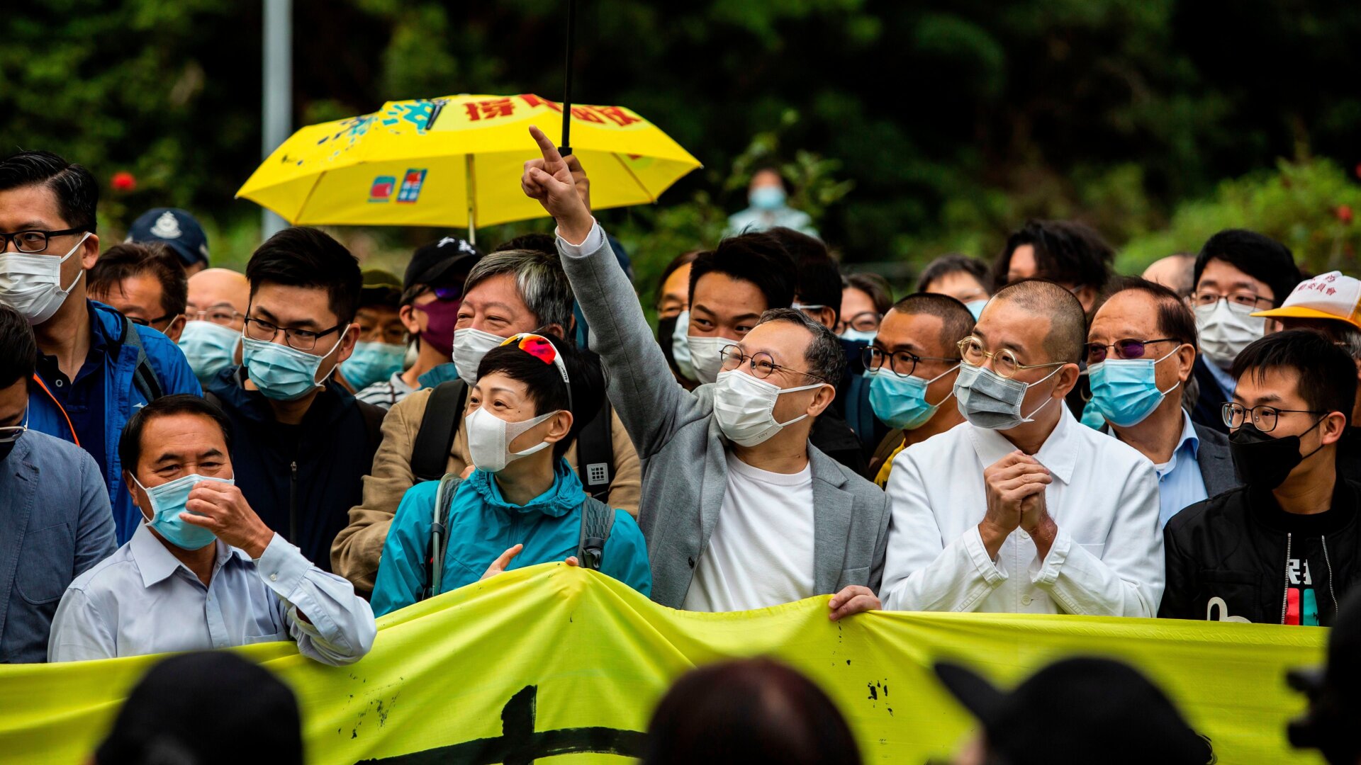Occupy Central co-founder Benny Tai (center) and other protesters waiting for the release of fellow Occupy Central co-founder Chan Kin-man from Hong Kong’s Pik Uk prison in March 2020.