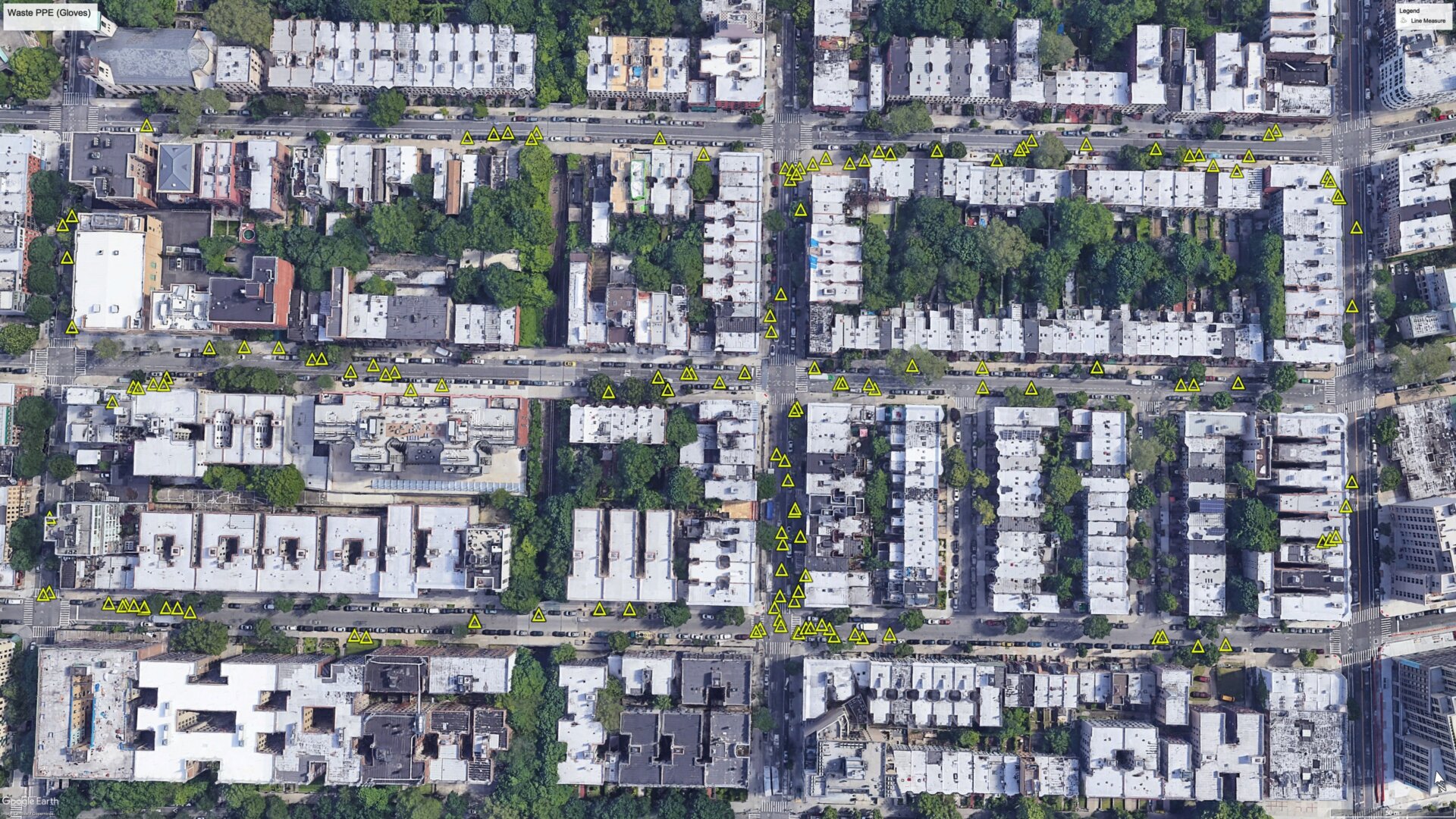 A map of medical waste in four square blocks of Crown Heights, Brooklyn