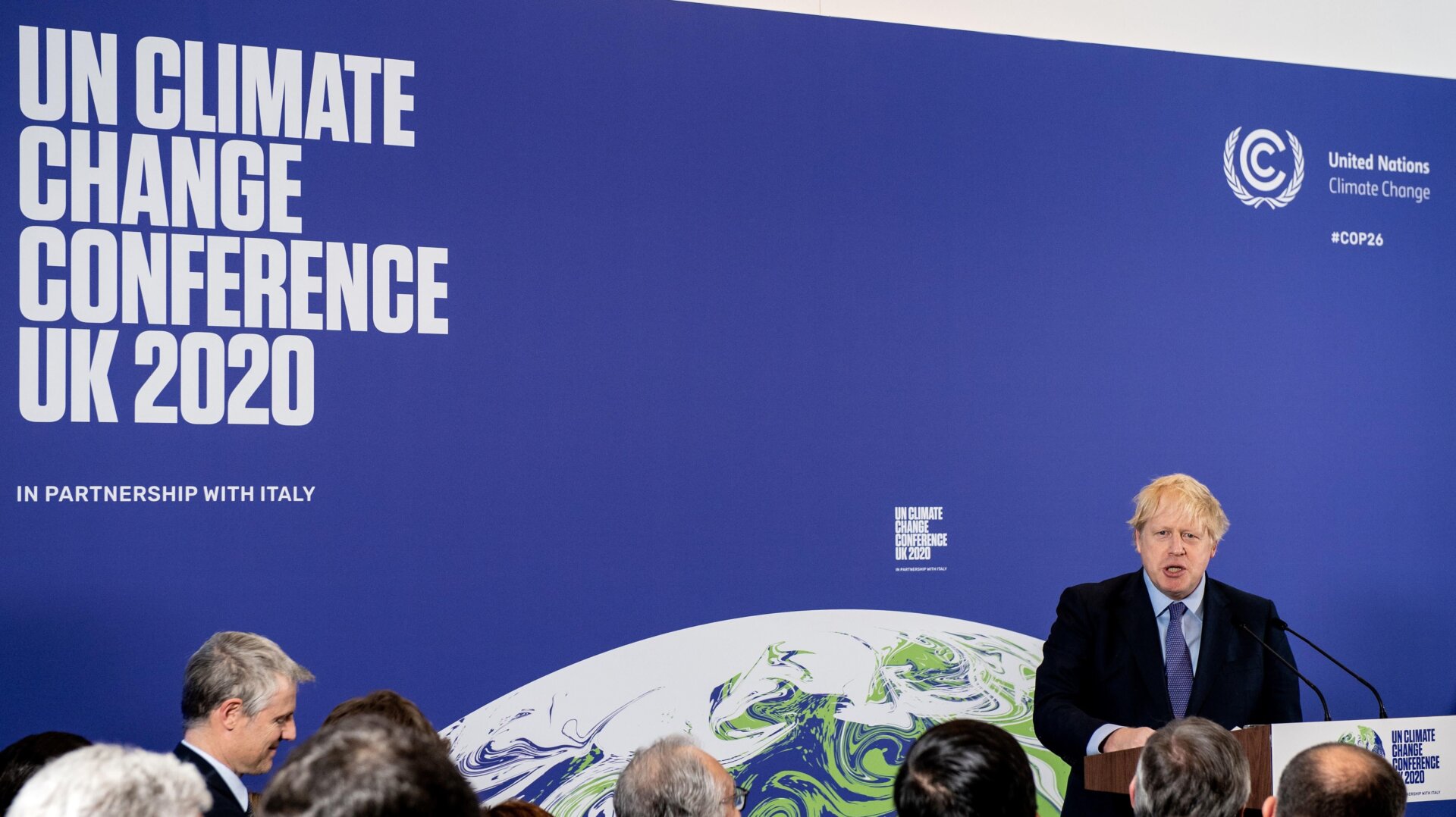 Britain’s Prime Minister Boris Johnson speaks during an event to launch the United Nations’ Climate Change conference, COP26, in central London on February 4, 2020.