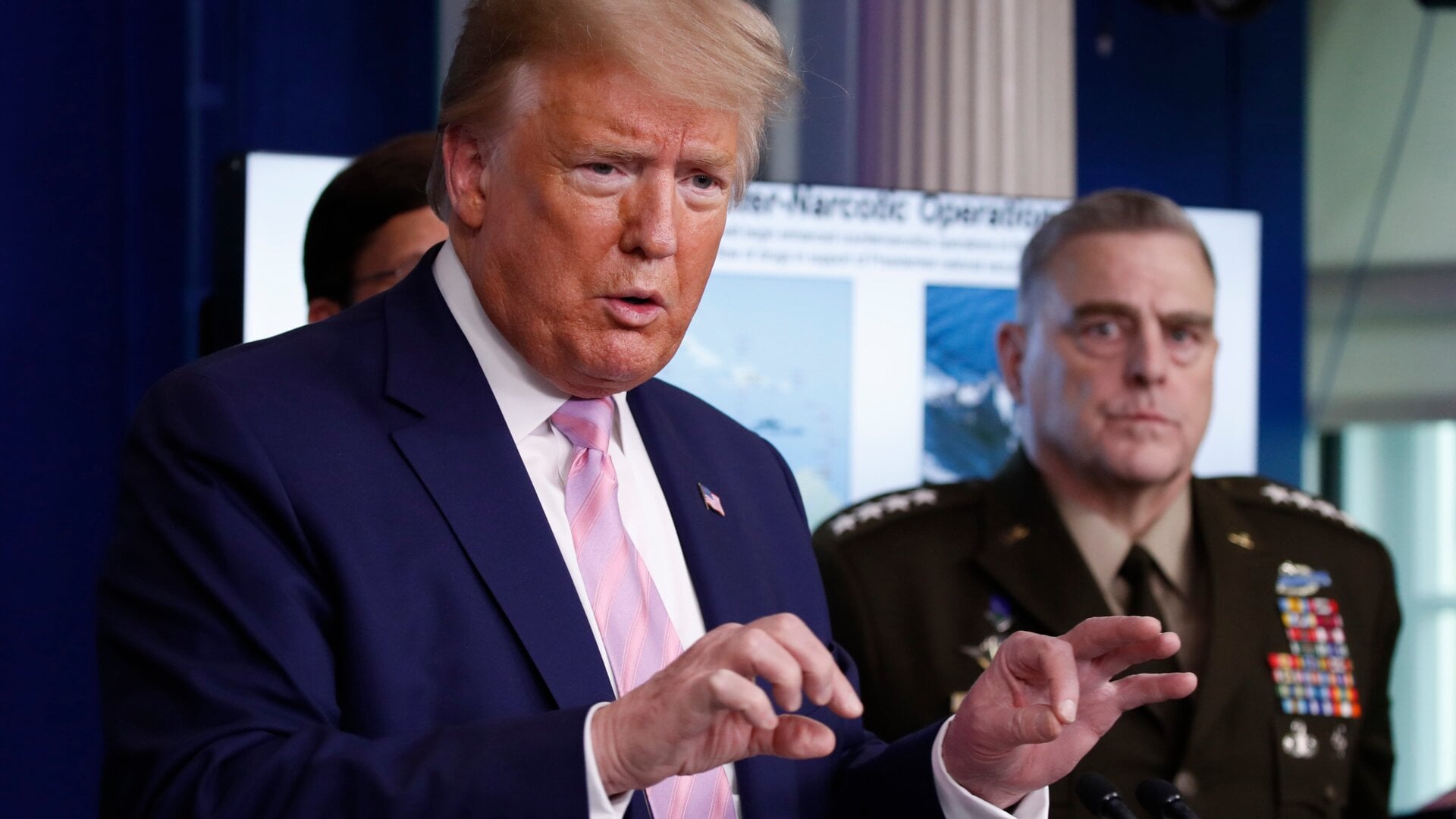 Donald Trump alongside Chairman of the Joint Chiefs General Mark Milley on March 1, 2020.