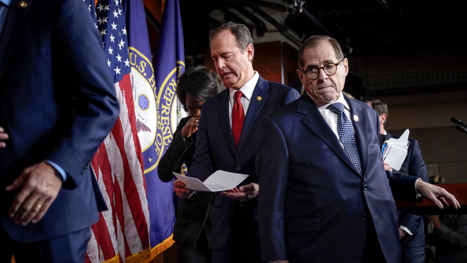 Rep. Adam Schiff (D-CA) and Rep. Jerry Nadler (D-NY) depart a press conference after the Senate adjourned for the day during the Senate impeachment trial at the U.S. Capitol on January 28, 2020 in Washington, DC.
