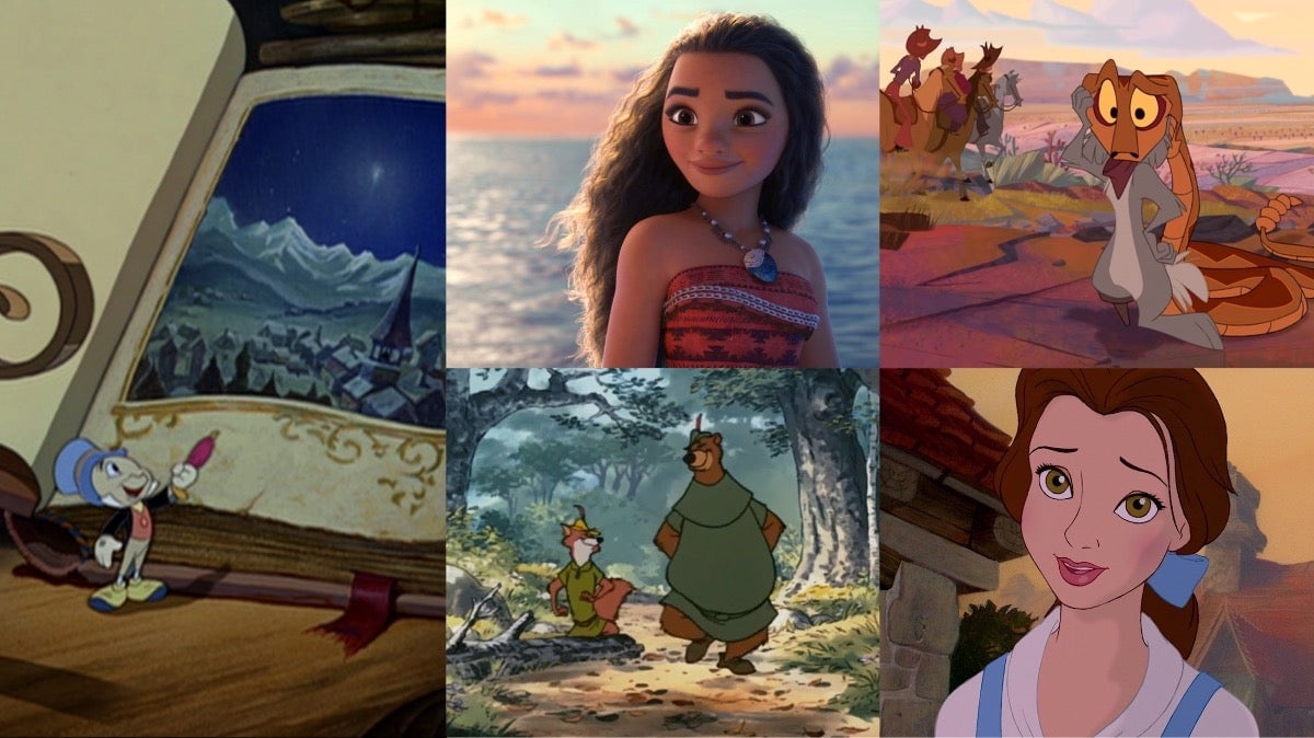 Clockwise from left: Pinocchio, Moana, Home on the Range, Beauty and the Beast, Robin Hood.