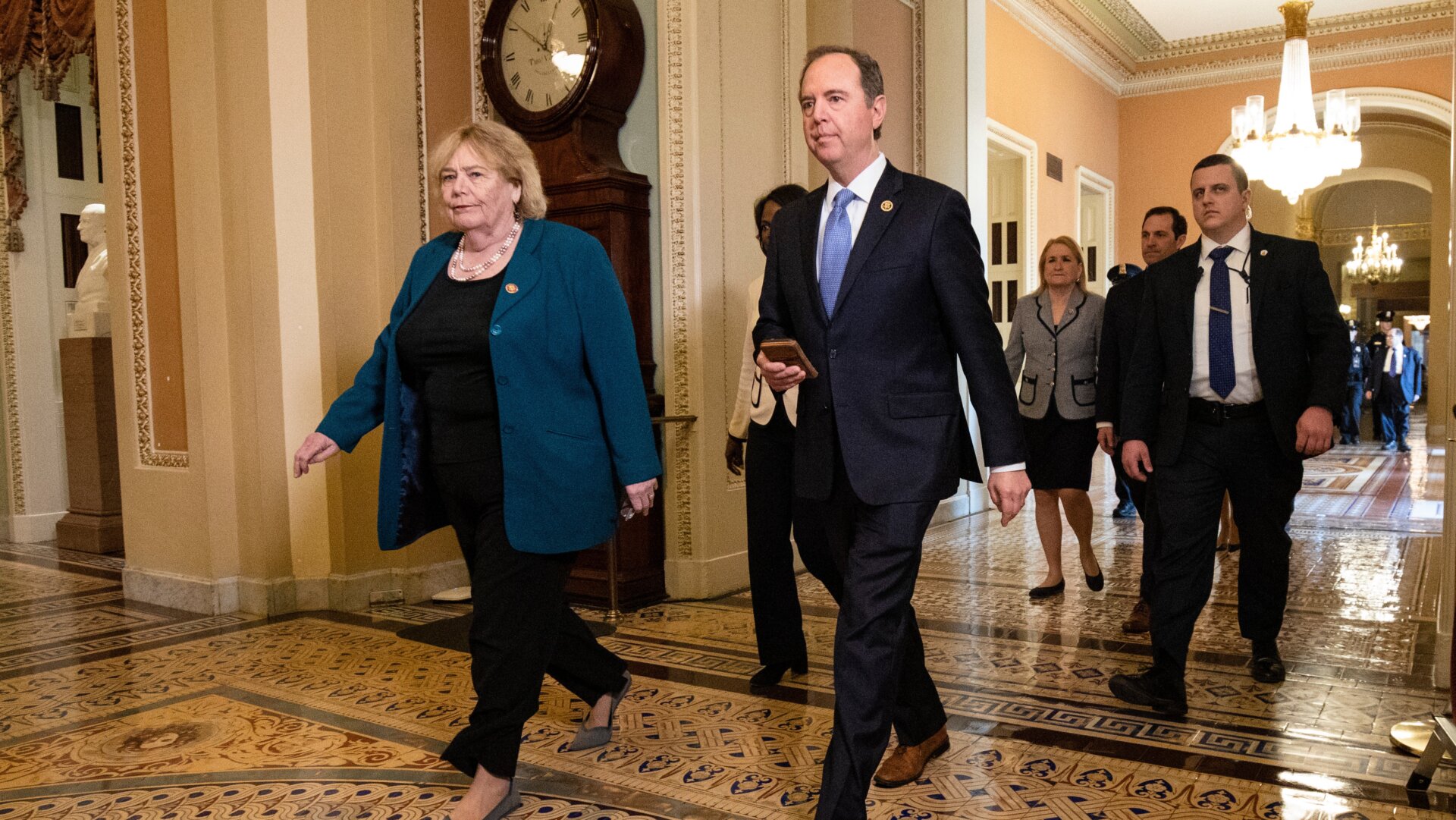 Rep. Zoe Lofgren (D-CA) and Rep. Adam Schiff (D-CA) on January 30, 2020 in Washington, DC.