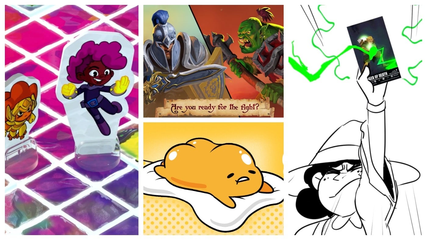 Clockwise from left: Prisma Arena, Small World of Warcraft, The Deck of Many Animated Spells, Tarot and More, and Gudetama: The Tricky Egg Card Game.