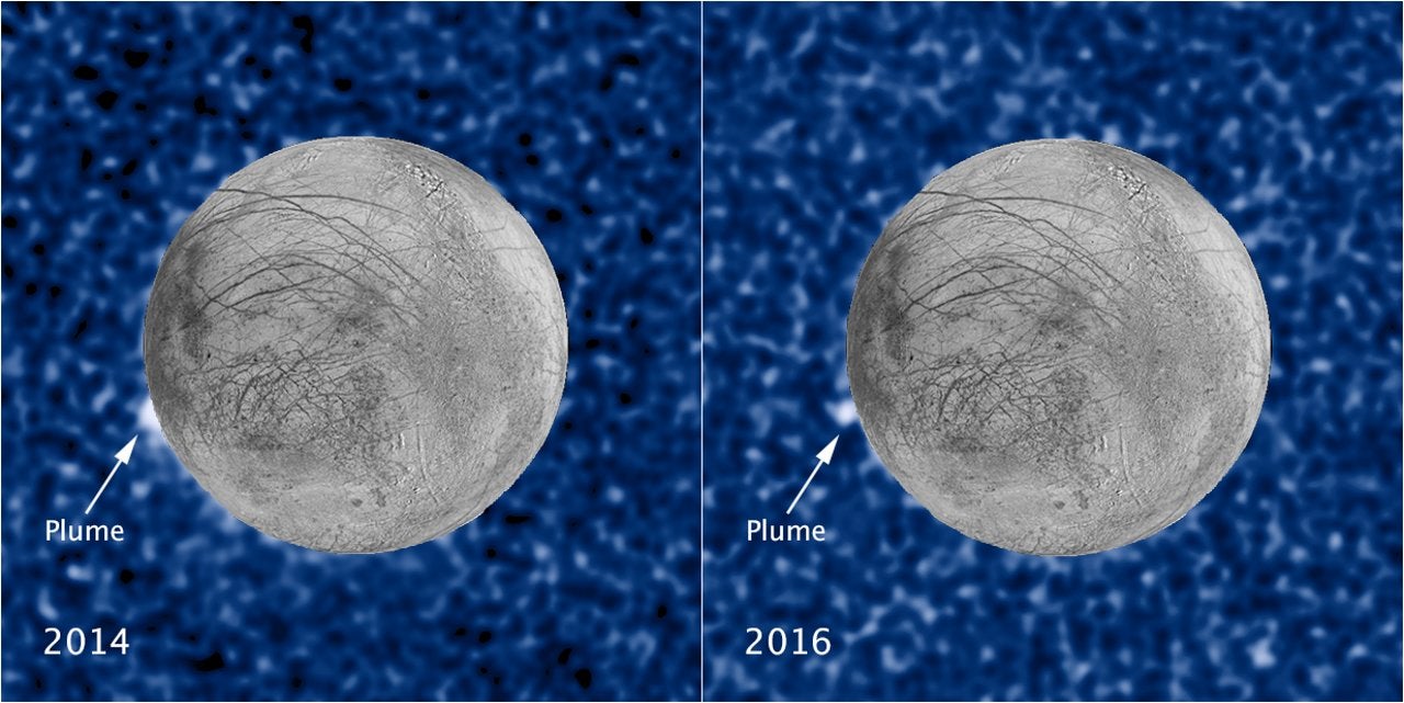 Plumes erupting from Europa, as seen by the Hubble Space Telescope in 2014 and 2016.