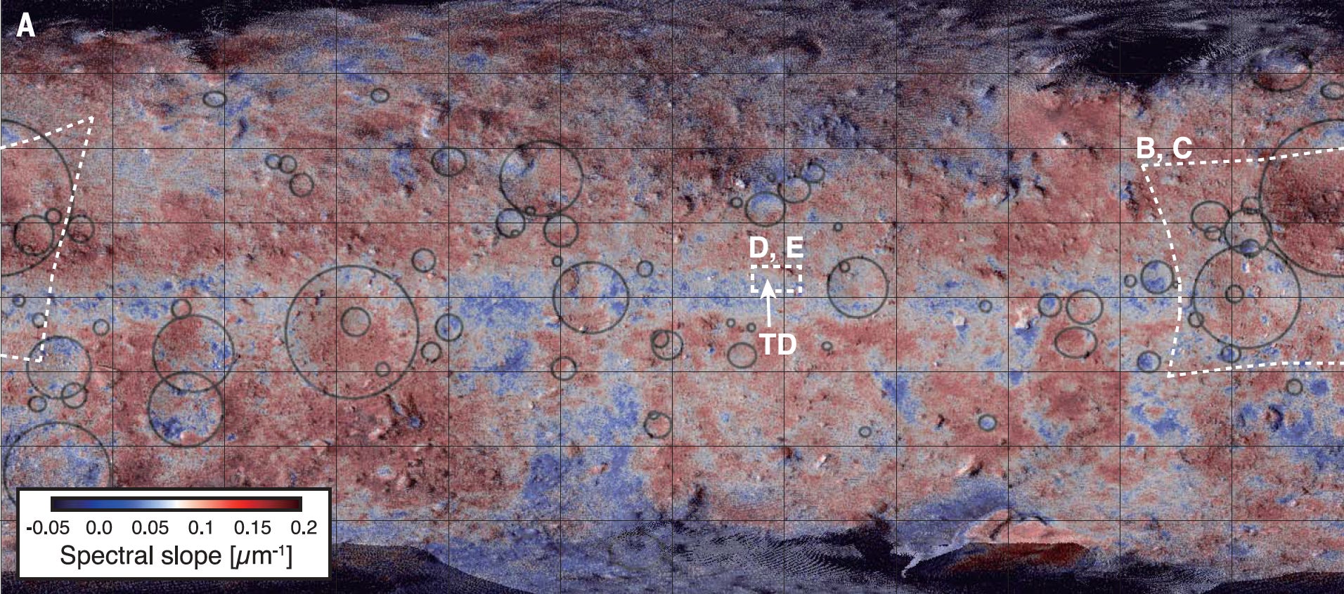 Global map of Ryugu, showing the asteroid’s blue and red spectral features. 