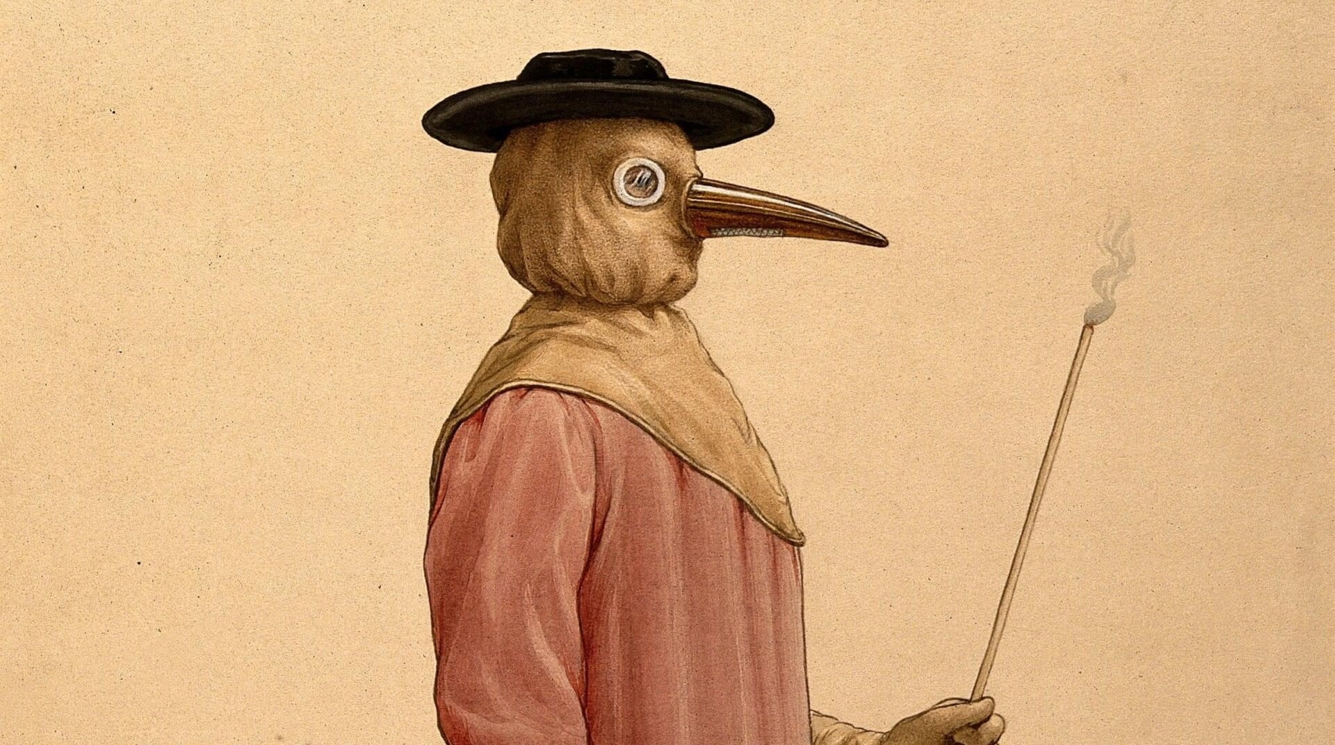 A physician wearing a 17th-century plague-preventive head covering.