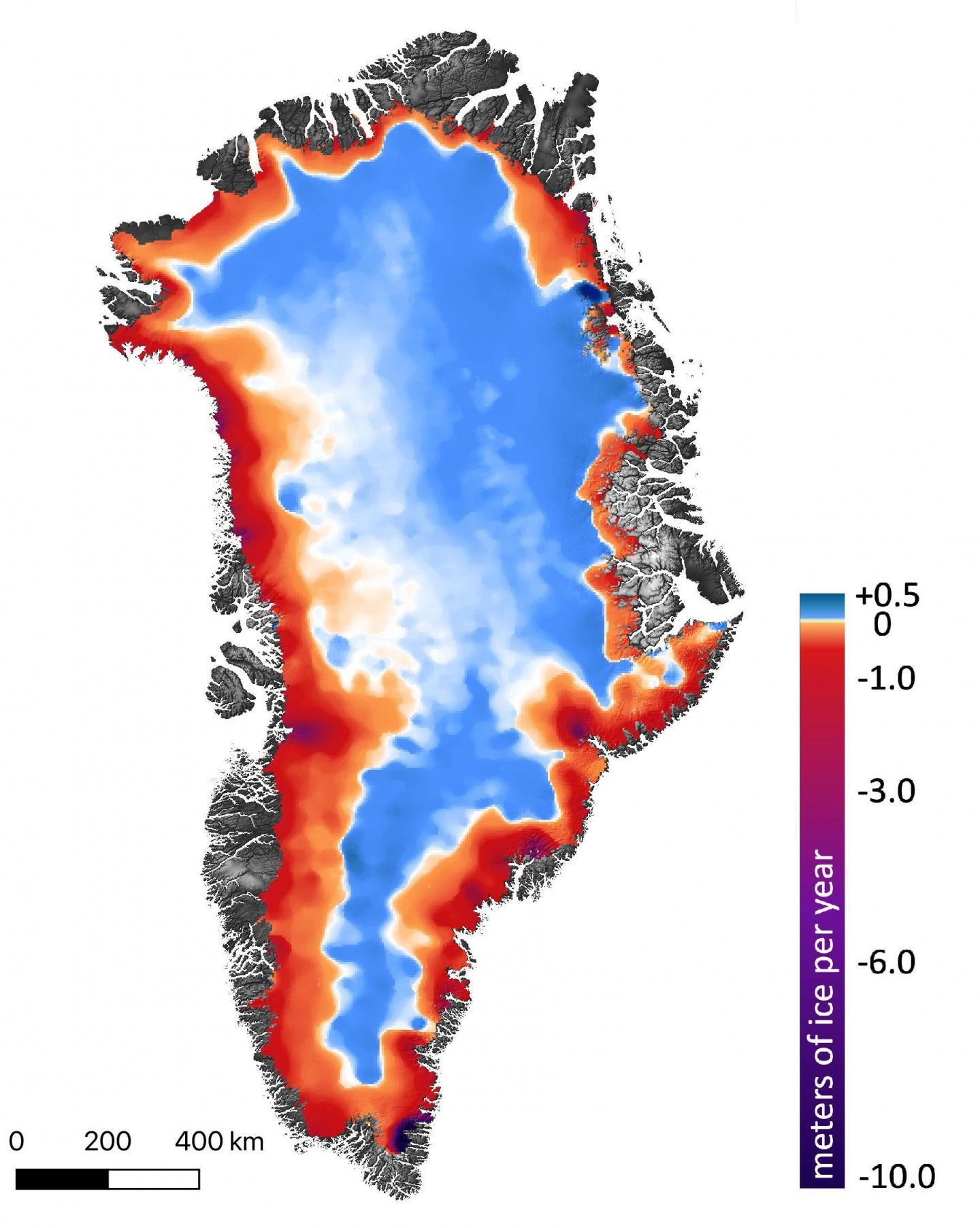 This shows the amount of ice gained or lost by Greenland between 2003 and 2019. Dark reds and purples show large rates of ice loss near the coasts. Blues show smaller rates of ice gain in the interior of the ice sheet. 