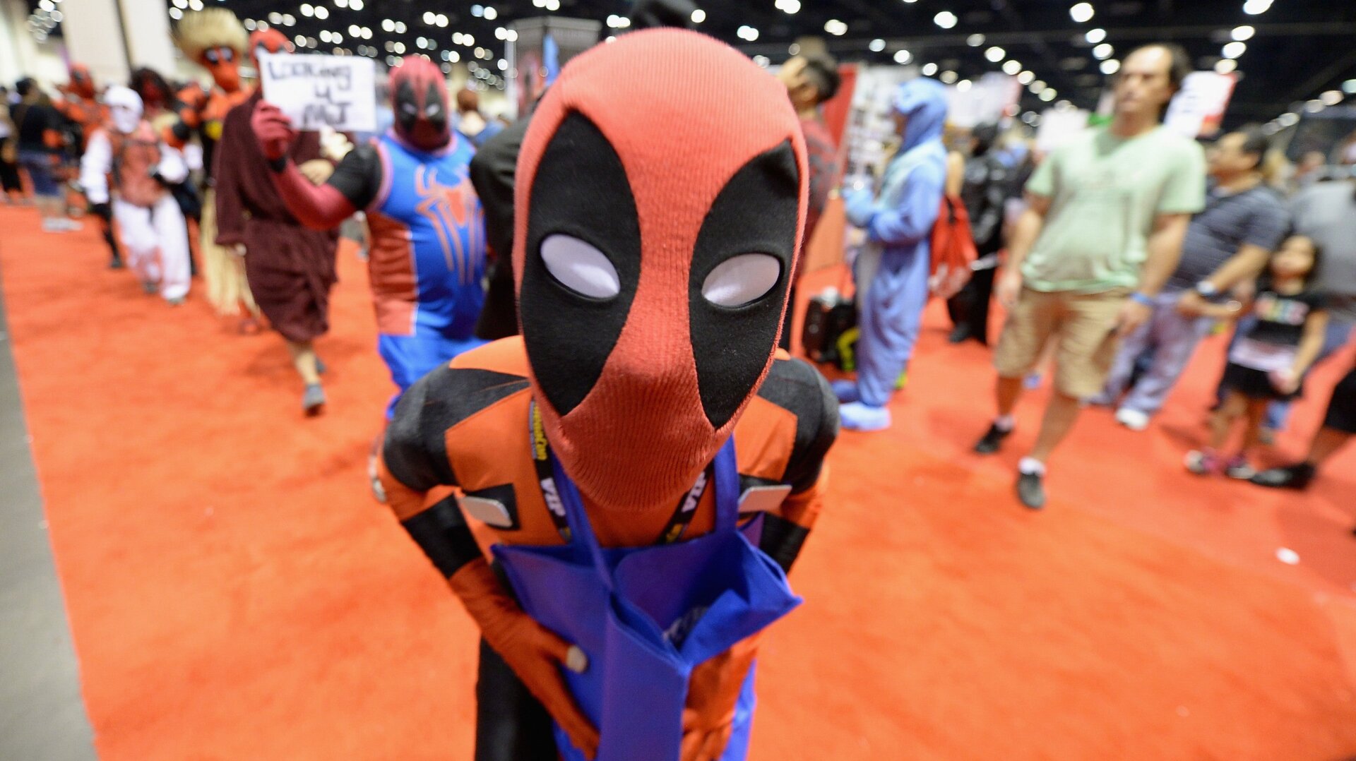 A Deadpool cosplayer attending MegaCon Orlando.