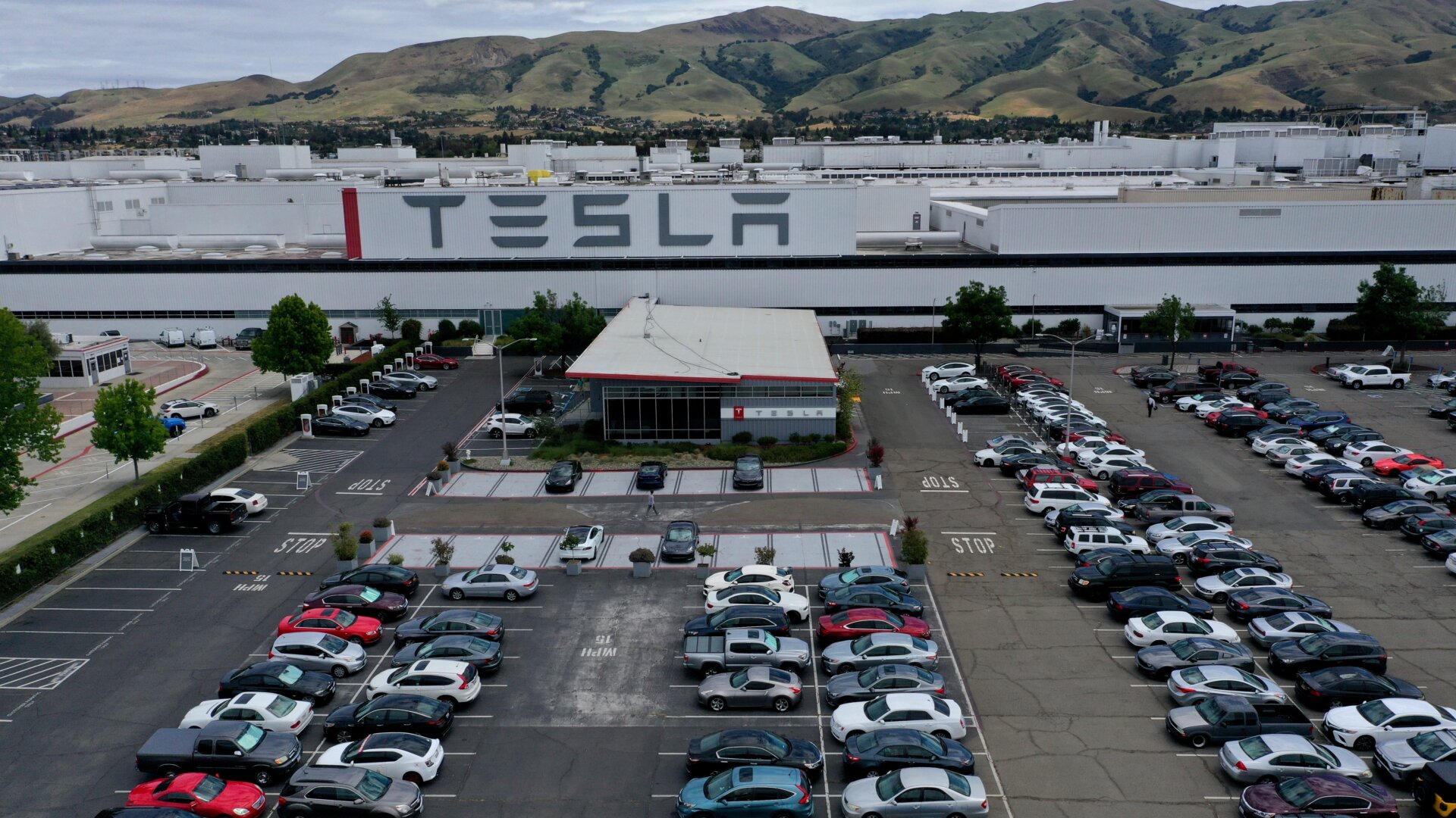 An aerial view of the Tesla Fremont Factory on May 13, 2020, in Fremont, California.